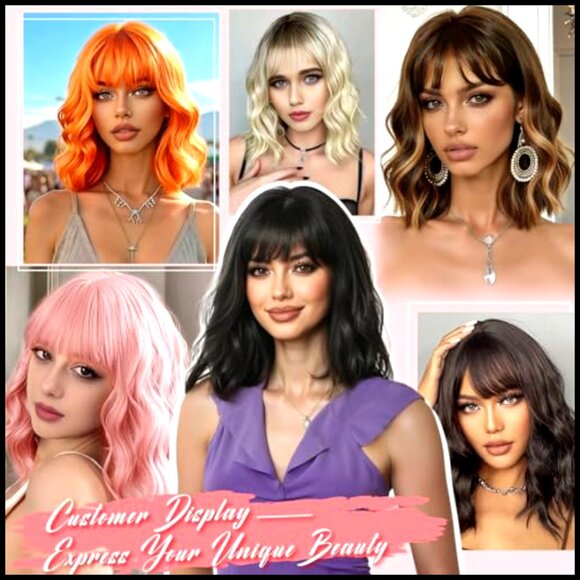 Wavy Bob Wig with Bangs Synthetic Heat Resistant Shoulder Length Daily Wear main image 6